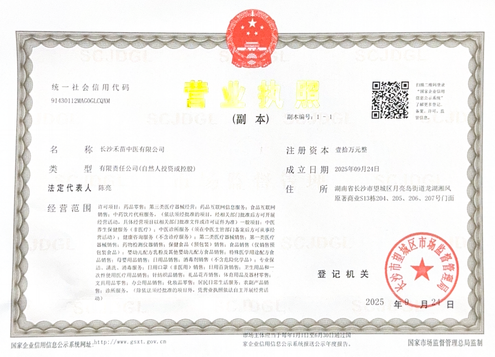 长沙禾苗中医有限公司 营业执照